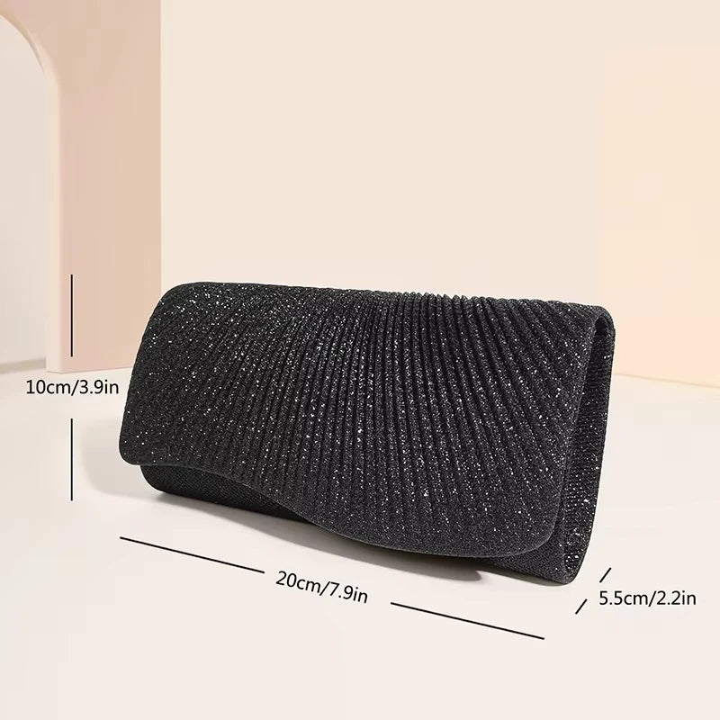 Female Fashionable  Pleated Evening Bag Diamond Wedding Clutch Purse with Long Chain Elegant Party Envelope Hangbag