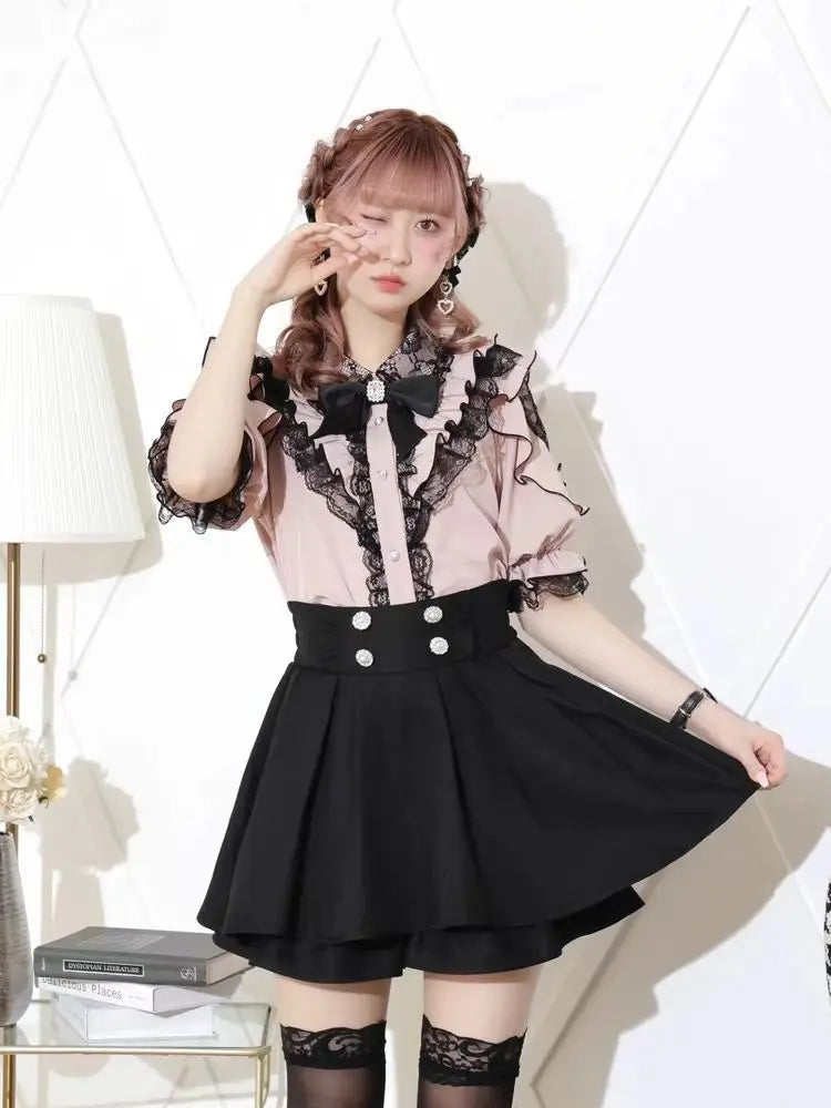 Noemi Inspired Ruffle Bow Top - Japanese Dark Femme Off-Shoulder Blouse, Lace Trim Bell Sleeve Shirt for Yami Kawaii & Lolita