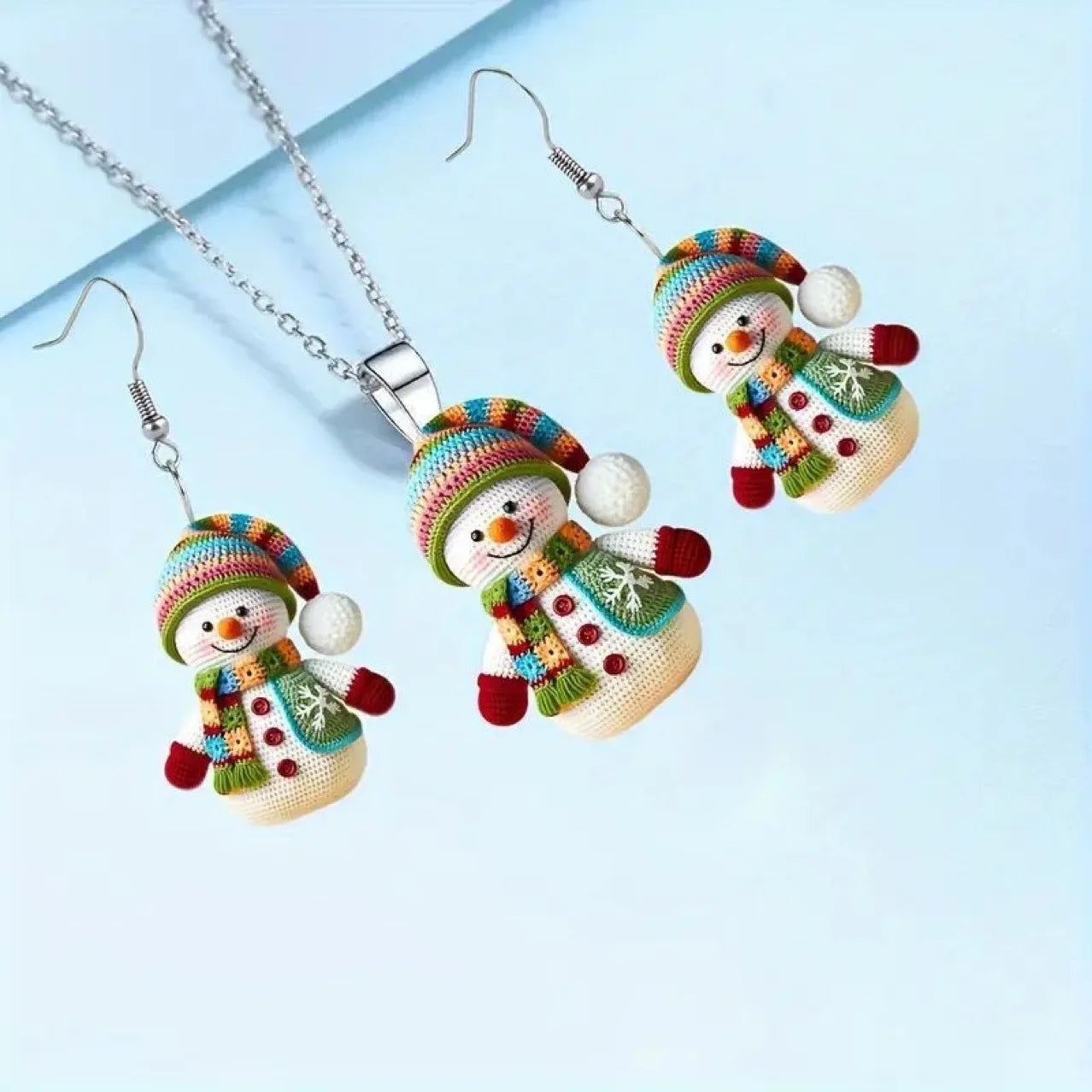 3 cute cartoon snowman earrings necklace set, acrylic graphic design, perfect Christmas gift for girls
