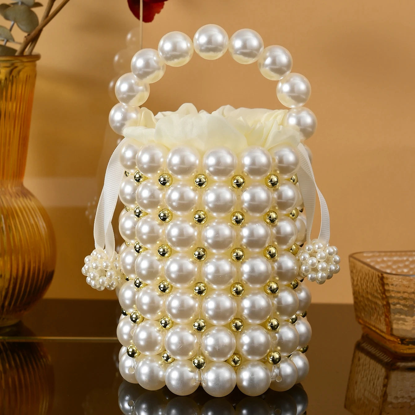 Women's Luxury Pearl Handbag Elegant Handmade Pearl Bucket Bag Detachable pearl chain shoulder Bag Dinner Party Evening Gown Bag