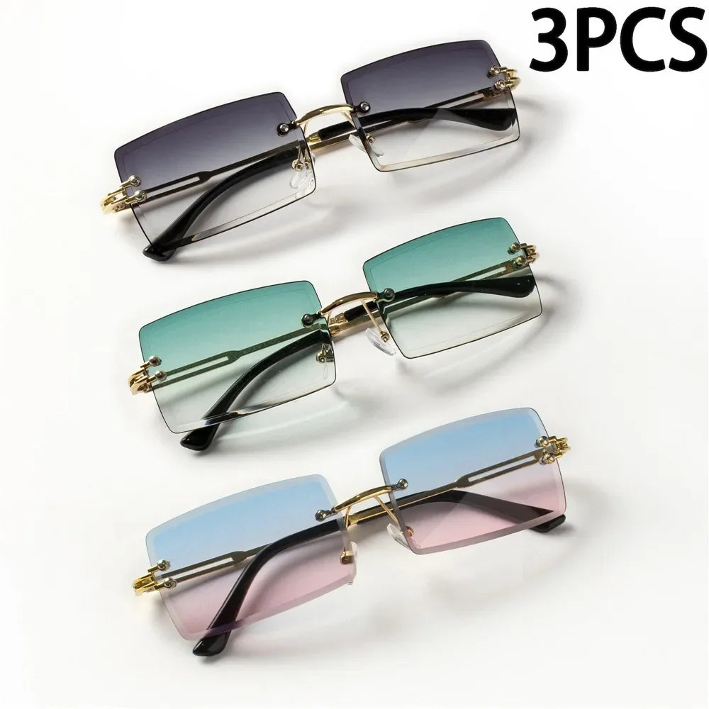 3PCS Fashion Rimless Sunglasses Women Trendy Small Rectangle Sun Glasses  Summer Traveling Style Brown Shades for men