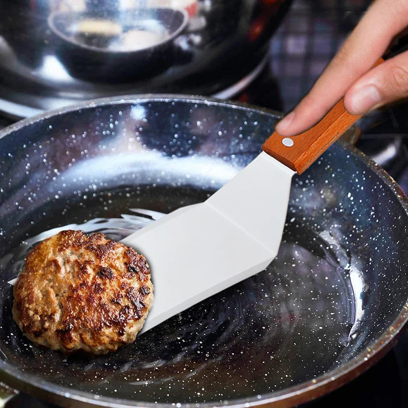 Stainless Steel Square Head Steak Cooking Spatula Wood Handle Pizza Shovel Pancake Beef Turner Scraper BBQ Utensils For Kitchen