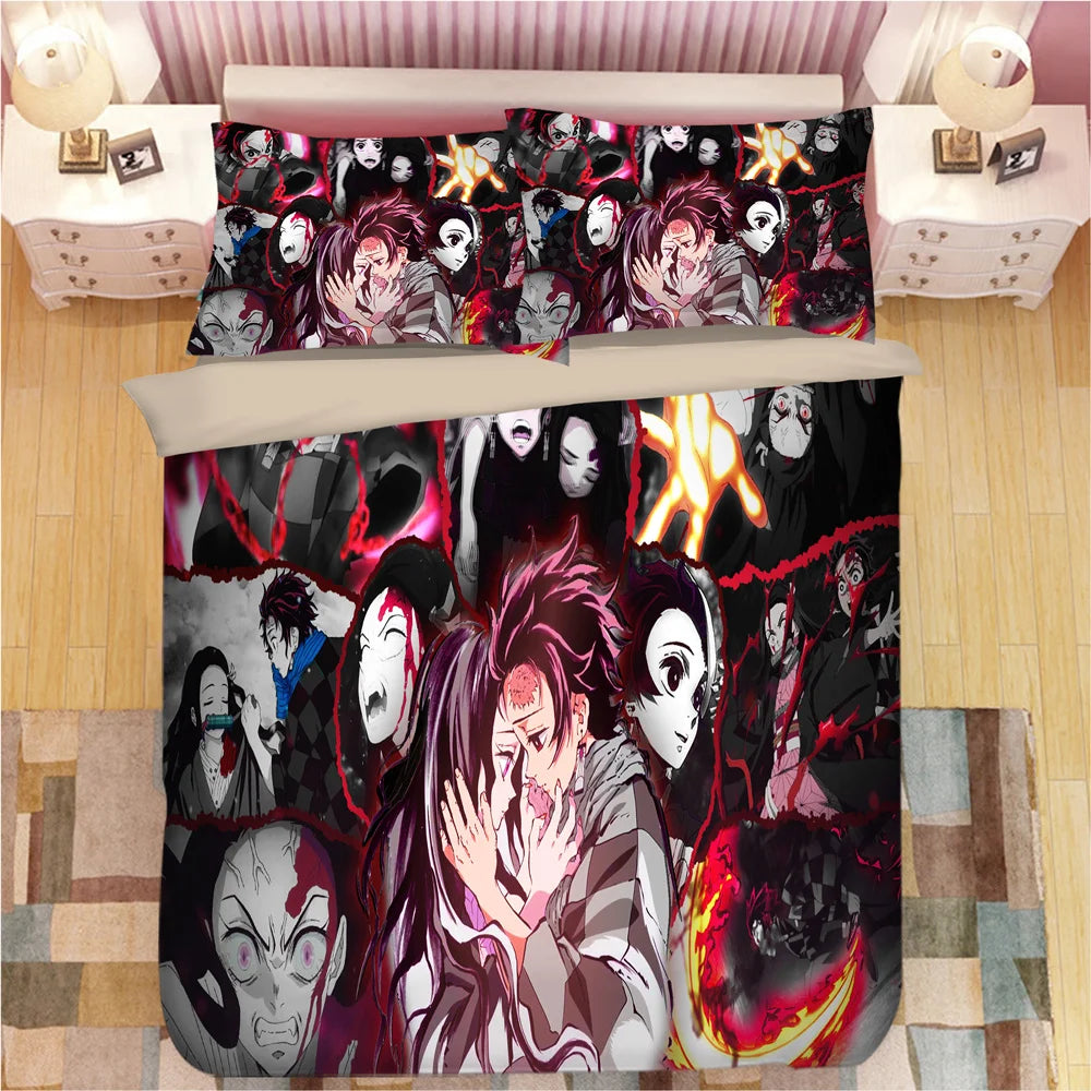Demon Slayer Bedding Sets Cartoon Comforter Bed Linen Boys Kids Single Double Size Soft Bedclothes Home Decor Anime Duvet Covers