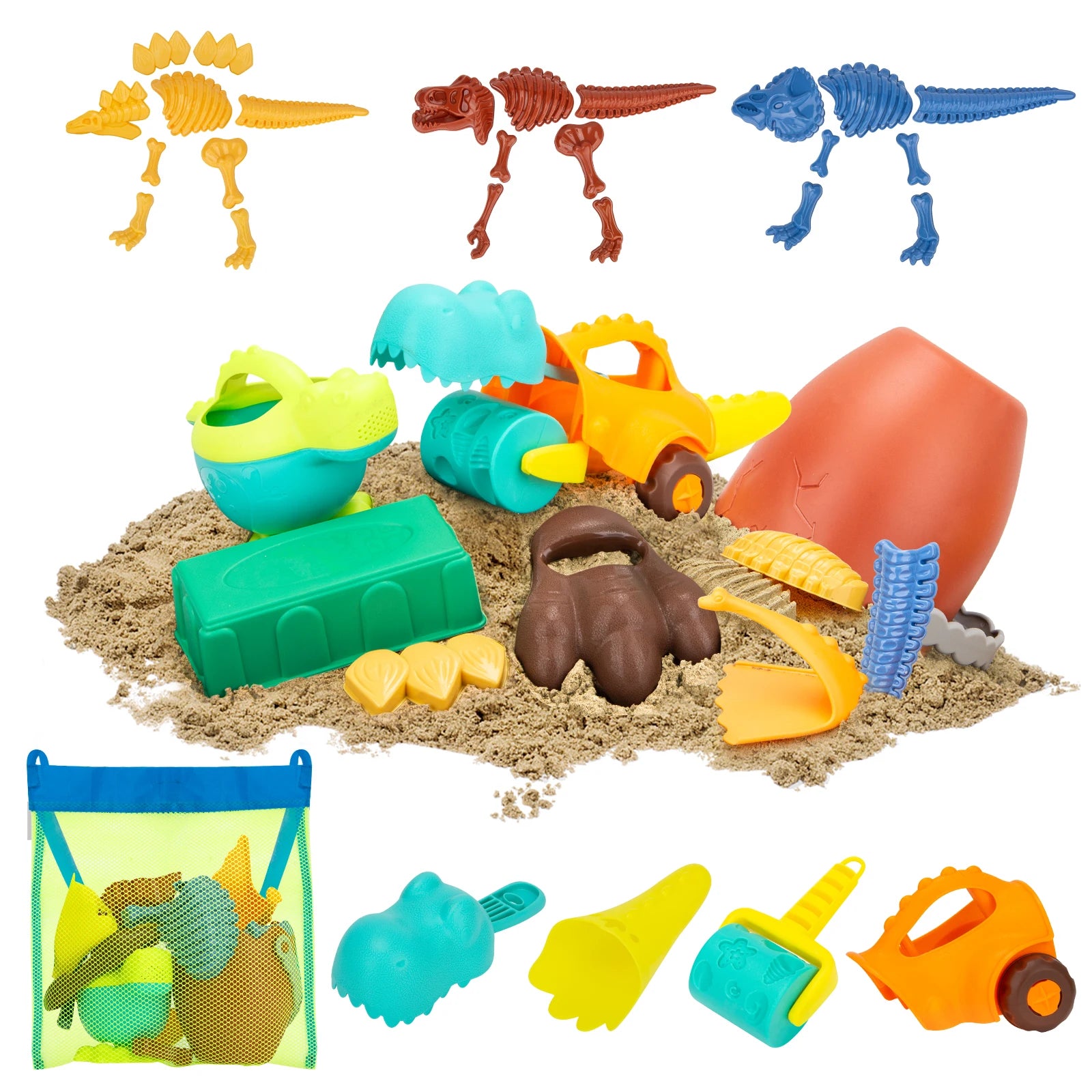 EDUCIRO Dinosaur Beach Toys for Kids 3-5,Dinosaur Mould Set 33 PCS Sand Toys with Mesh Bag,Gifts for Boys and Girls 6-10