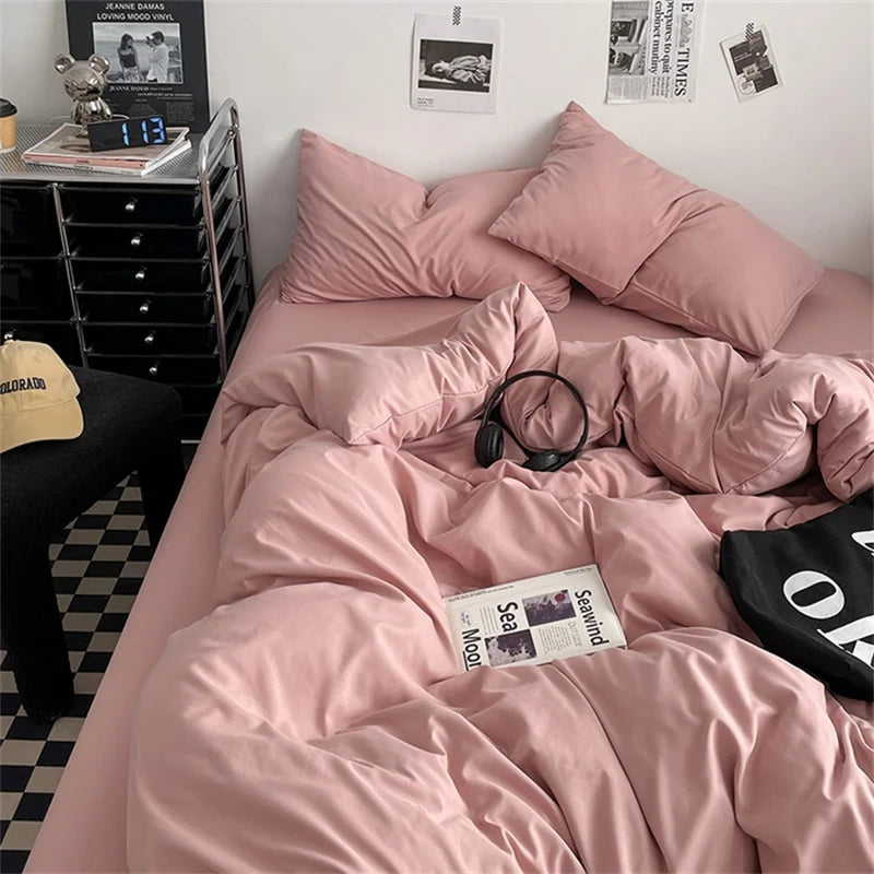 100% Cotton Bed Linen Bedding Set Washed Cotton Four Pieces Bed Sheet Set Comforter Sets Dolid Double Couple Bed Quilt Cover